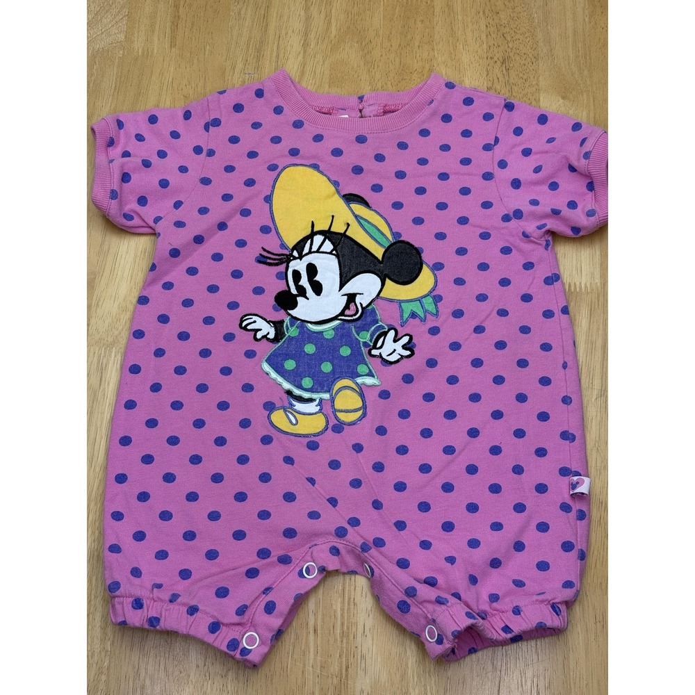 Vintage Disney Baby Mickey & Co Romper Girls 6-9M Pink Minnie Mouse Polka Dot